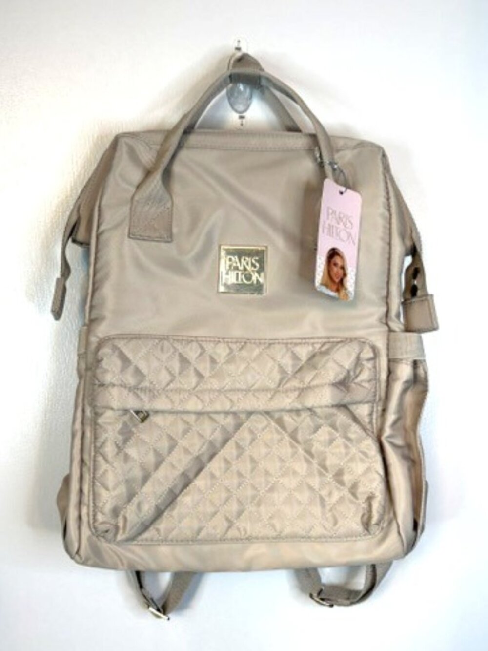 Paris Hilton Tan Quilted Backpack with Front Zipper Pocket